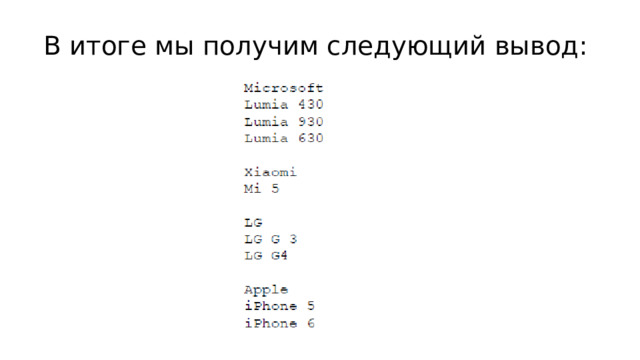 В итоге мы получим следующий вывод: 