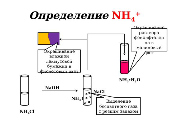Определение  NH 4 + Окрашивание раствора фенолфталеина в малиновый цвет Окрашивание влажной лакмусовой бумажки в фиолетовый цвет NH 3 ∙H 2 O NaOH NaCl NH 3 ↑ Выделение бесцветного газа с резким запахом NH 4 Cl 