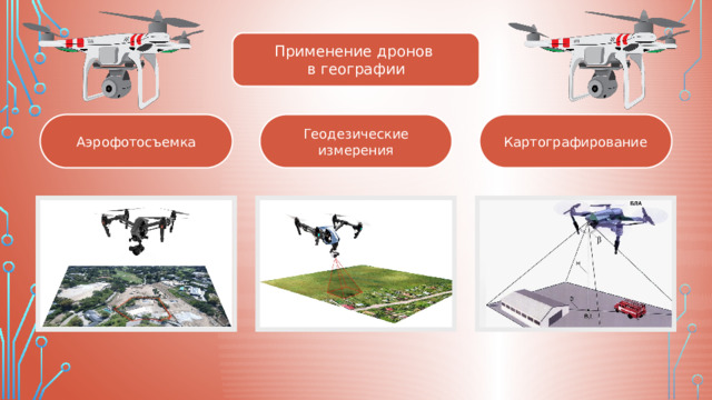 Применение дронов в географии Аэрофотосъемка Геодезические измерения Картографирование 