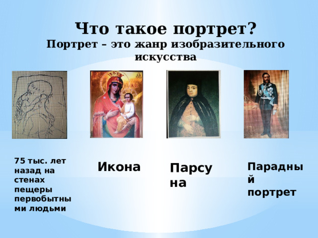 Что такое портрет? Портрет – это жанр изобразительного искусства 75 тыс. лет назад на стенах пещеры первобытными людьми Икона Парсуна Парадный портрет 