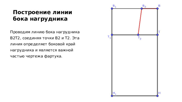 Построение линии бока нагрудника Проводим линию бока нагрудника В2Т2, соединяя точки В2 и Т2. Эта линия определяет боковой край нагрудника и является важной частью чертежа фартука. 
