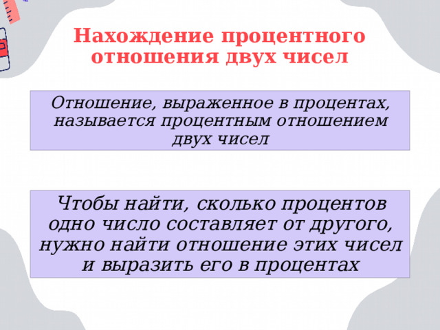 Нахождение процентного отношения двух чисел Отношение, выраженное в процентах, называется процентным отношением двух чисел Чтобы найти, сколько процентов одно число составляет от другого, нужно найти отношение этих чисел и выразить его в процентах 