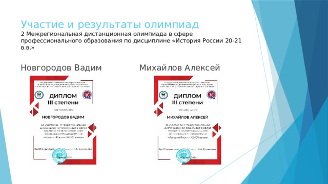 Участие и результаты олимпиад  2 Межрегиональная дистанционная олимпиада в сфере профессионального образования по дисциплине «История России 20-21 в.в.» Новгородов Вадим Михайлов Алексей 
