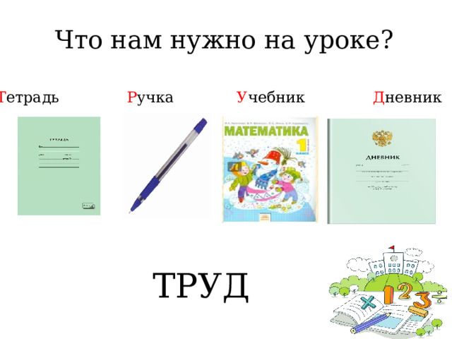 Что нам нужно на уроке? Т етрадь Р учка У чебник Д невник ТРУД 