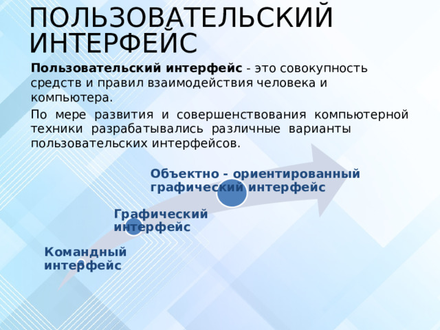 ПОЛЬЗОВАТЕЛЬСКИЙ ИНТЕРФЕЙС Пользовательский интерфейс - это совокупность средств и правил взаимодействия человека и компьютера. По мере развития и совершенствования компьютерной  техники разрабатывались различные варианты пользовательских интерфейсов. Объектно - ориентированный графический интерфейс Графический интерфейс Командный интерфейс 