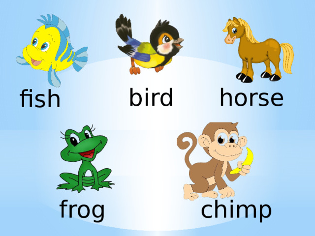 bird horse fish frog chimp 