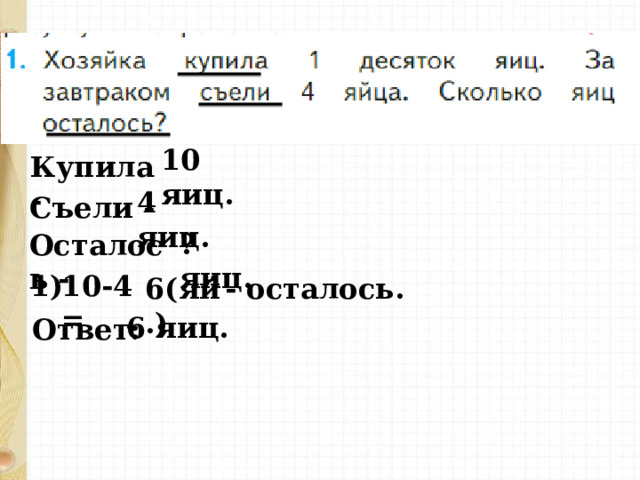 10 яиц. Купила - 4 яиц. Съели - ? яиц. Осталось - 1) 10-4 = 6(яй.) - осталось. 6 яиц. Ответ: 