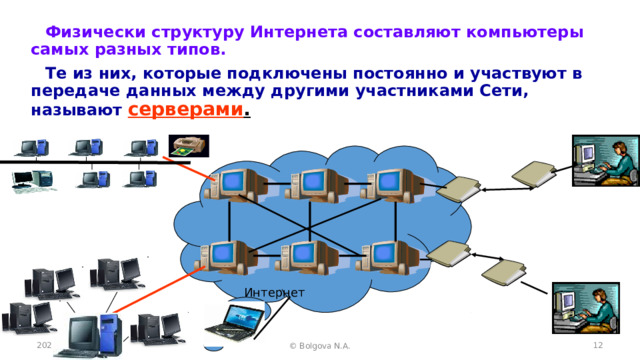 Физически структуру Интернета составляют компьютеры самых разных типов. Те из них, которые подключены постоянно и участвуют в передаче данных между другими участниками Сети, называют  серверами . Интернет  2021 © Bolgova N.A. 