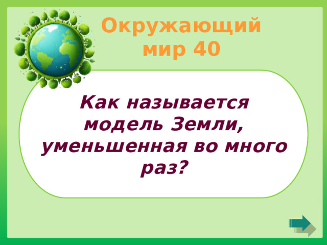 Окружающий мир 40 Как называется модель Земли, уменьшенная во много раз? 