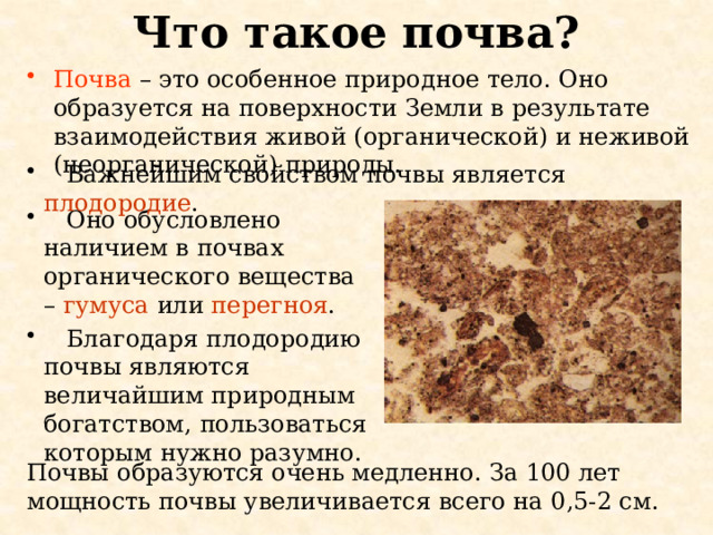 Что такое почва? Почва – это особенное природное тело. Оно образуется на поверхности Земли в результате взаимодействия живой (органической) и неживой (неорганической) природы.  Важнейшим свойством почвы является плодородие .  Оно обусловлено наличием в почвах органического вещества – гумуса или перегноя .  Благодаря плодородию почвы являются величайшим природным богатством, пользоваться которым нужно разумно. Почвы образуются очень медленно. За 100 лет мощность почвы увеличивается всего на 0,5-2 см. 