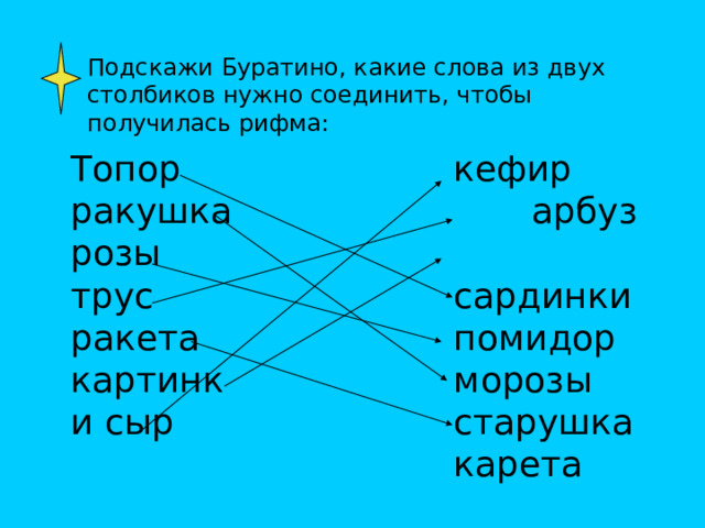 Подскажи Буратино, какие слова из двух столбиков нужно соединить, чтобы получилась рифма: Топор ракушка розы трус ракета картинки сыр кефир арбуз сардинки помидор морозы старушка карета 