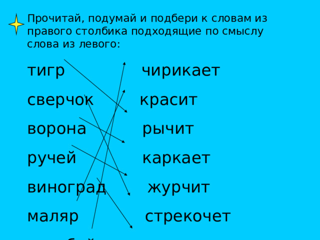 Прочитай, подумай и подбери к словам из правого столбика подходящие по смыслу слова из левого: тигр чирикает сверчок красит ворона рычит ручей каркает виноград журчит маляр стрекочет воробей зреет 