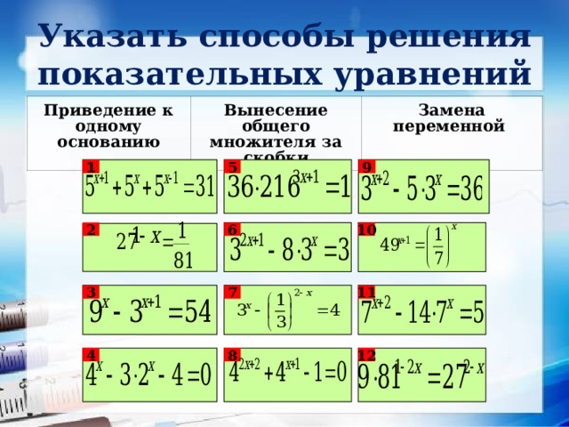 Указать способы решения показательных уравнений Приведение к одному основанию Вынесение общего множителя за скобки Замена переменной 9 1 5 2 10 6 3 11 7 12 4 8  