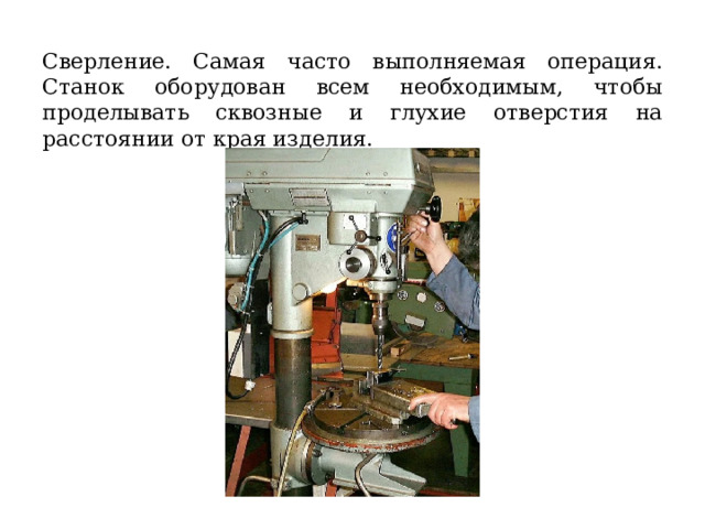  Сверление. Самая часто выполняемая операция. Станок оборудован всем необходимым, чтобы проделывать сквозные и глухие отверстия на расстоянии от края изделия. 