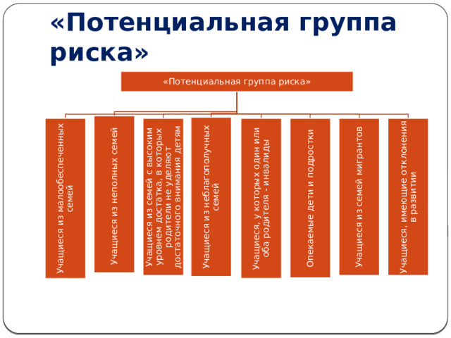 «Потенциальная группа риска» «Потенциальная группа риска» Учащиеся из неполных семей Учащиеся из неблагополучных семей Учащиеся из малообеспеченных семей Учащиеся из семей с высоким уровнем достатка, в которых родители не уделяют достаточного внимания детям Учащиеся, у которых один или оба родителя - инвалиды Опекаемые дети и подростки Учащиеся из семей мигрантов Учащиеся, имеющие отклонения в развитии 