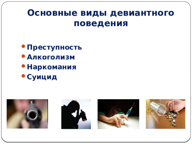 Основные виды девиантного поведения Преступность Алкоголизм Наркомания Суицид 
