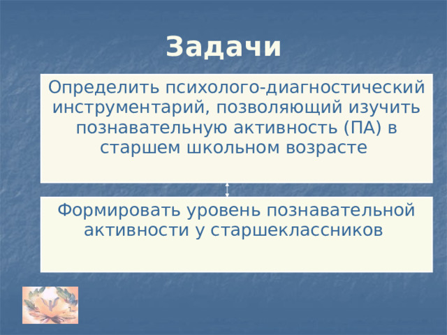 Задачи Определить психолого-диагностический инструментарий, позволяющий изучить познавательную активность (ПА) в старшем школьном возрасте  Формировать уровень познавательной активности у старшеклассников 