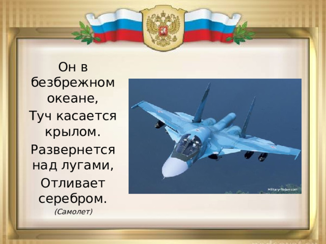 Он в безбрежном океане, Туч касается крылом. Развернется над лугами, Отливает серебром. (Самолет) 