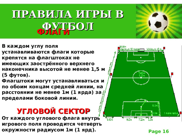 ПРАВИЛА ИГРЫ В ФУТБОЛ ФЛАГИ   В каждом углу поля устанавливаются флаги которые крепятся на флагштоках не имеющих заострённого верхнего наконечника высотой не менее 1,5 м (5 футов).  Флагштоки могут устанавливаться и по обоим концам средней линии, на расстоянии не менее 1м (1 ярда) за пределами боковой линии.    УГЛОВОЙ СЕКТОР  От каждого углового флага внутрь игрового поля проводится четверть окружности радиусом 1м (1 ярд). 