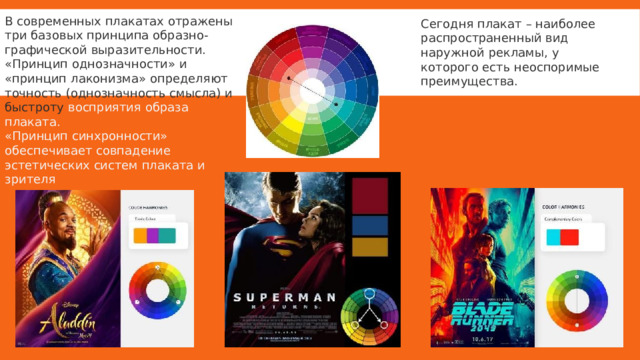 В современных плакатах отражены три базовых принципа образно-графической выразительности. «Принцип однозначности» и «принцип лаконизма» определяют точность (однозначность смысла) и быстроту восприятия образа плаката. «Принцип синхронности» обеспечивает совпадение эстетических систем плаката и зрителя Сегодня плакат – наиболее распространенный вид наружной рекламы, у которого есть неоспоримые преимущества. 