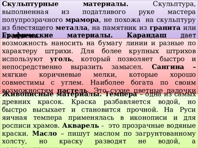 Скульптурные материалы. Скульптура, выполненная из податливого руке мастера полупрозрачного мрамора , не похожа на скульптуру из блестящего металла , на памятник из гранита или из дерева . Графические материалы. Карандаш дает возможность наносить на бумагу линии и разные по характеру штрихи. Для более крупных штрихов используют уголь , который позволяет быстро и непосредственно выразить замысел. Сангина  – мягкие коричневые мелки, которые хорошо совместимы с углем. Наиболее богата по своим возможностям пастель . Это сухие цветные палочки мела. Живописные материалы. Темпера – одна из самых древних красок. Краска разбавляется водой, но быстро высыхает и становится прочной. На Руси яичная темпера применялась в иконописи и для росписи храмов. Акварель - это прозрачные водяные краски. Масло – пишут маслом по загрунтованному холсту, но краску разводят не водой, а растворителями. 