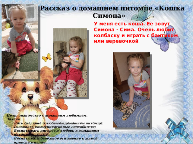 Рассказ о домашнем питомце «Кошка Симона» У меня есть коша. Её зовут Симона - Сима. Очень любит колбаску и играть с бантиком или веревочкой Цель: знакомство с домашним любимцем. Задачи: Дать сведение о любимом домашнем питомце; Развивать коммуникативные способности; Воспитывать интерес и любовь к домашним питомцам; Воспитывать бережное отношение к живой природе в целом. 