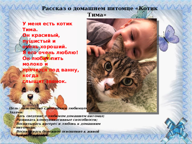 Рассказ о домашнем питомце «Котик Тима» У меня есть котик Тима. Он красивый, пушистый и очень хороший. Я его очень люблю! Он любит пить молоко и прячется под ванну, когда слышит звонок. Цель: знакомство с домашним любимцем. Задачи: Дать сведение о любимом домашнем питомце; Развивать коммуникативные способности; Воспитывать интерес и любовь к домашним питомцам; Воспитывать бережное отношение к живой природе в целом. 