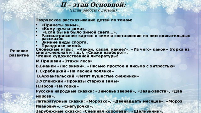 II – этап Основной:  (План работы с детьми)     Творческое рассказывание детей по темам: «Приметы зимы», «Кому нужна зима»,  «Если бы не было зимой снега…». Рассматривание картин о зиме и составление по ним описательных рассказов Зимние виды спорта, Праздники зимой.  Словесные игры:  «Какой, какая, какие?», «Из чего- какой» (горка из снега-снежная и т.д.), «Скажи наоборот».   Чтение художественной литературы: М.Пришвин «Этажи леса»   В.Бианки «Лес зимой», «Письмо простое и письмо с хитростью» Речевое развитие Г.Скребицкий «На лесной полянке»  В.Архангельский «Летят пушистые снежинки» Э.Успенский «Проказы старухи зимы» Н.Носов «На горке» Русские народные сказки: «Зимовье зверей», «Заяц-хваста», «Два мороза». Литературные сказки: «Морозко», «Двенадцать месяцев», «Мороз Иванович», «Снегурочка». Зарубежные сказки: «Снежная королева», «Щелкунчик».  Выставка книг о зиме. Стихи, загадки, пословицы о зиме. 