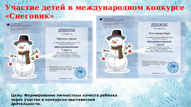 Участие детей в международном конкурсе «Снеговик» Цель: Формирование личностных качеств ребёнка через участие в конкурсно-выставочной деятельности. 