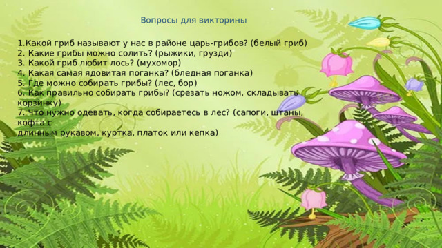 Вопросы для викторины  1. Какой гриб называют у нас в районе царь - грибов? (белый гриб)  2.  Какие грибы можно солить? (рыжики, грузди)  3.  Какой гриб любит лось? (мухомор)  4.  Какая самая ядовитая поганка? (бледная поганка)  5.  Где можно собирать грибы? (лес, бор)  6.  Как правильно собирать грибы? (срезать ножом, складывать корзинку)  7.  Что нужно одевать, когда собираетесь в лес? (сапоги, штаны, кофта с длинным рукавом, куртка, платок или кепка)  