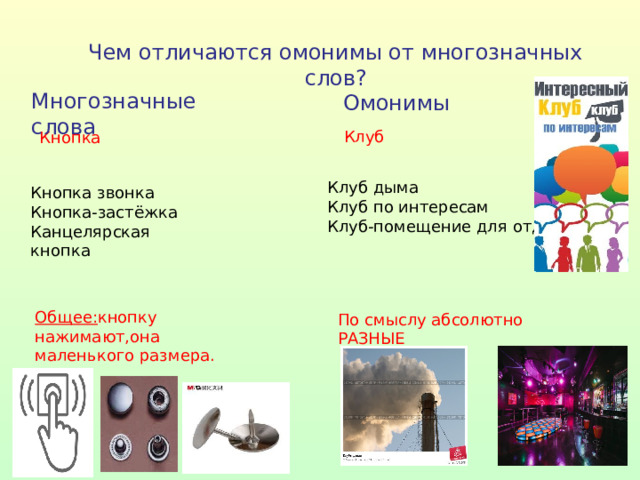 Чем отличаются омонимы от многозначных слов ? Многозначные слова Омонимы Клуб Кнопка Клуб дыма Клуб по интересам Клуб-помещение для отдыха Кнопка звонка Кнопка-застёжка Канцелярская кнопка Общее: кнопку нажимают,она маленького размера. По смыслу абсолютно РАЗНЫЕ 