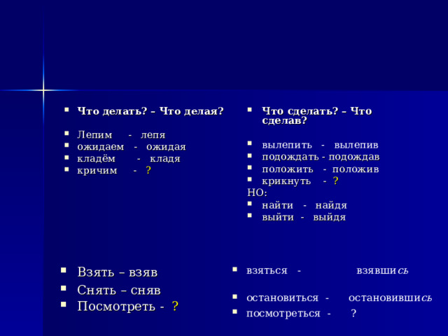Что делать? – Что делая?  Лепим - лепя ожидаем - ожидая кладём - кладя кричим - ?  Что сделать? – Что сделав?  вылепить - вылепив подождать - подождав положить - положив крикнуть - ? НО: найти - найдя выйти - выйдя Взять – взяв Снять – сняв Посмотреть - ?   взяться - взявши сь  остановиться - остановивши сь посмотреться - ? 