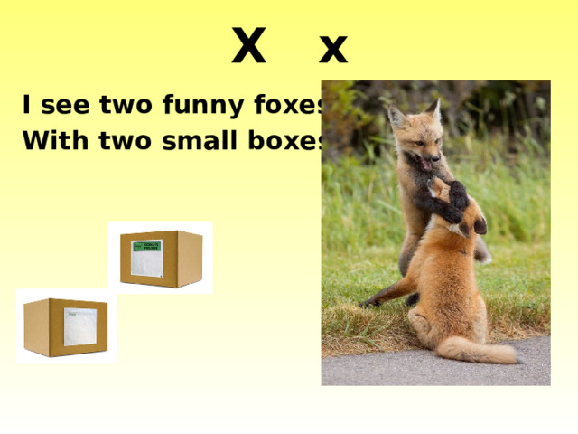 X x I see two funny foxes With two small boxes. http://1.bp.blogspot.com/-IhL3lJ6JO_M/TlrgWf57VeI/AAAAAAAAD5I/n3C8TW58l20/s1600/Funny+fox+images2.jpg http://xaxor.com/images/funny-foxes-part2-/funny-foxes-part2-08.jpg http://www.theprintedbagshop.co.uk/css/images/2box.jpg  