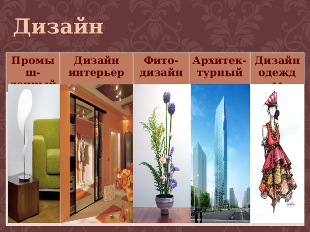  ↓ ↓ ↓ ↓ ↓  Дизайн      Промыш-ленный Дизайн интерьер Фито- дизайн Архитек-турный Дизайн одежды 