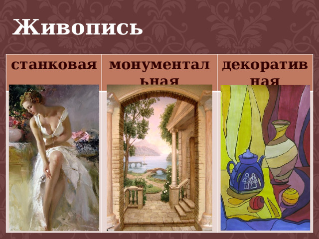   ↓ ↓ ↓  Живопись    станковая монументальная декоративная 