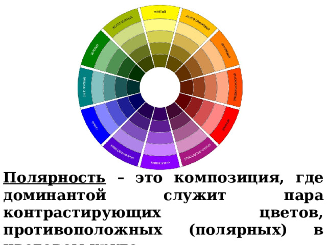 Полярность – это композиция, где доминантой служит пара контрастирующих цветов, противоположных (полярных) в цветовом круге. 