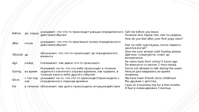 Before After до, перед после Till/until указывает, что что-то происходит раньше определенного действия/события указывает, что что-то произошло позже определенного действия/события до Ago Call me before you leave.  Позвони мне перед тем, как ты уйдешь. назад How do you feel after your first yoga class?  Как ты себя чувствуешь после первого занятия йогой? During обозначает, что что-то происходит до определенного момента Give me your answer until Sunday please.  Дай мне, пожалуйста, ответ до воскресенья. во время показывает, как давно что-то произошло Since с тех пор, как He came back from school 2 hours ago.  Он вернулся со школы 2 часа назад. For Указывает на то, что что-либо происходит в течение заданного конечного отрезка времени, как правило, в течение какого-либо другого события  указывает на то, что что-то происходит/происходило с определенного периода времени в течение You're not allowed to talk during the exam.  Нельзя разговаривать во время экзамена. We have been friends since childhood.  Мы дружим с детства. обозначает, как долго происходила ситуация/действие I was on a business trip for a few months.  Я был в командировке 3 месяца. 
