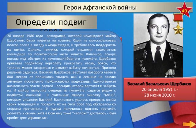 Герои Афганской войны 40 Определи подвиг героя   осуществлял доставку продовольствия для местного населения спас на своём вертолете советских лётчиков во время нападения моджахедов. совершил таран по вражеской колонне 36 