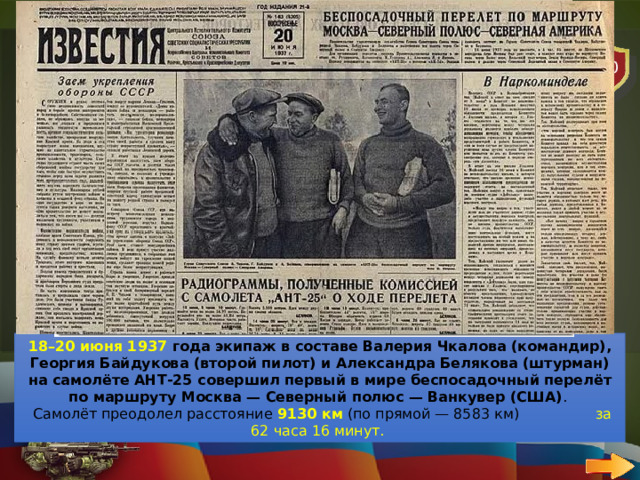 30 АВИАЦИЯ   ВОПРОС Кто в 1937 году совершил первый беспосадочный перелёт из СССР в США? 18–20 июня 1937 года   экипаж в составе Валерия Чкалова (командир), Георгия Байдукова (второй пилот) и Александра Белякова (штурман) на самолёте АНТ-25 совершил первый в мире беспосадочный перелёт по маршруту Москва — Северный полюс — Ванкувер (США) .  Самолёт преодолел расстояние  9130 км  (по прямой — 8583 км) за 62 часа 16 минут.    