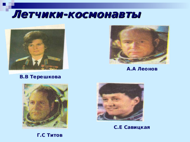 Летчики-космонавты А.А Леонов В.В Терешкова С.Е Савицкая Г.С Титов 