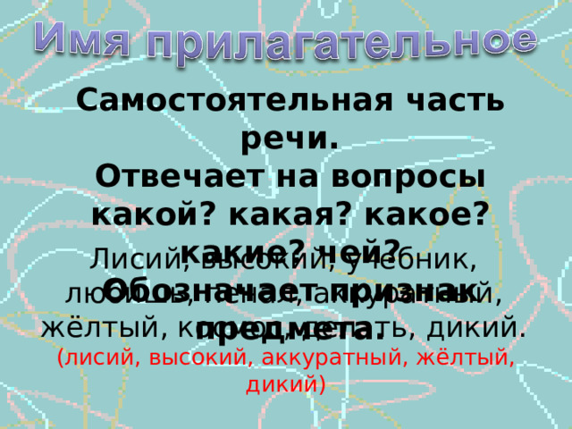 Самостоятельная часть речи. Отвечает на вопросы какой? какая? какое? какие? чей? Обозначает признак предмета. Лисий, высокий, учебник, любишь, пенал, аккуратный, жёлтый, космос, делать, дикий. (лисий, высокий, аккуратный, жёлтый, дикий) 