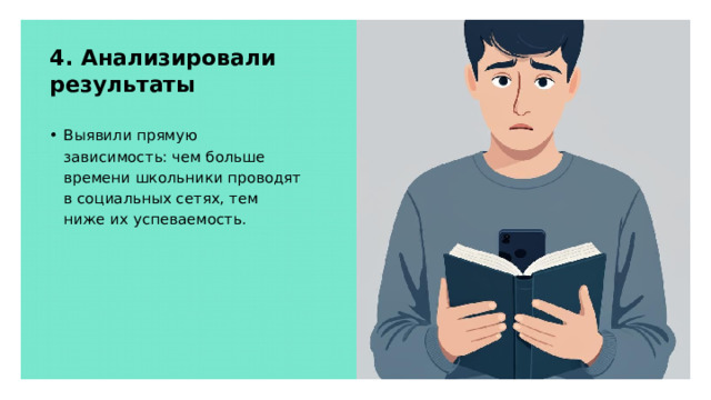 4. Анализировали результаты Выявили прямую зависимость: чем больше времени школьники проводят в социальных сетях, тем ниже их успеваемость.  