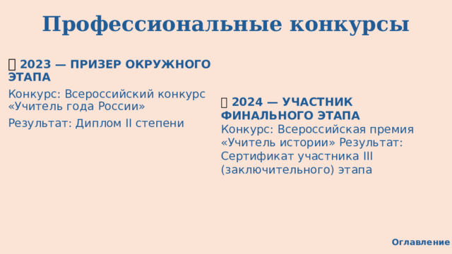 Профессиональные конкурсы 🥈  2023 — ПРИЗЕР ОКРУЖНОГО ЭТАПА Конкурс: Всероссийский конкурс «Учитель года России» Результат: Диплом II степени 🥇   2024 — УЧАСТНИК ФИНАЛЬНОГО ЭТАПА Конкурс: Всероссийская премия «Учитель истории» Результат: Сертификат участника III (заключительного) этапа Оглавление 