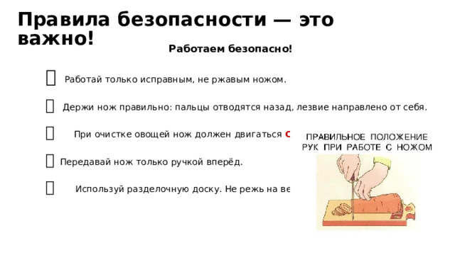 Правила безопасности — это важно! Работаем безопасно!  🚫  Работай только исправным, не ржавым ножом.  ✋  Держи нож правильно: пальцы отводятся назад, лезвие направлено от себя.  🥔 При очистке овощей нож должен двигаться ОТ себя.  🔪  Передавай нож только ручкой вперёд.  🧽  Используй разделочную доску. Не режь на весу!  