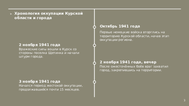 Хронология оккупации Курской области и города  Октябрь 1941 года Первые немецкие войска вторглись на территорию Курской области, начав этап оккупации региона. 2 ноября 1941 года Вражеские силы вошли в Курск со стороны поселка Щетинка и начали штурм города. 2 ноября 1941 года, вечер После ожесточённых боёв враг захватил город, закрепившись на территории. 3 ноября 1941 года Начался период жестокой оккупации, продолжавшийся почти 15 месяцев. 3  