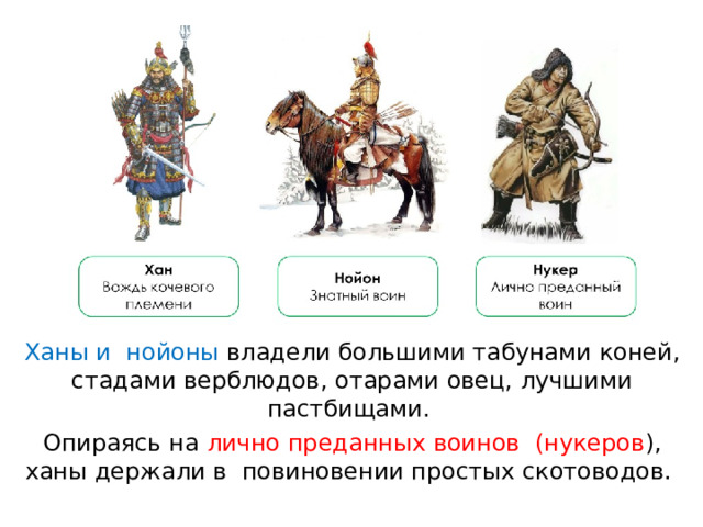 Ханы и  нойоны владели большими табунами коней, стадами верблюдов, отарами овец, лучшими пастбищами. Опираясь на лично преданных воинов  (нукеров ), ханы держали в  повиновении простых скотоводов. 