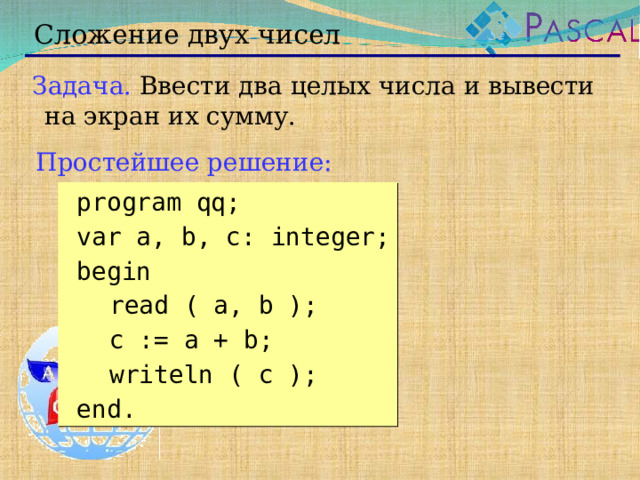 Сложение двух чисел Задача. Ввести два целых числа и вывести на экран их сумму. Простейшее решение:  program qq;  var a, b, c: integer;  begin  read ( a, b );  c := a + b;  writeln ( c );  end.  