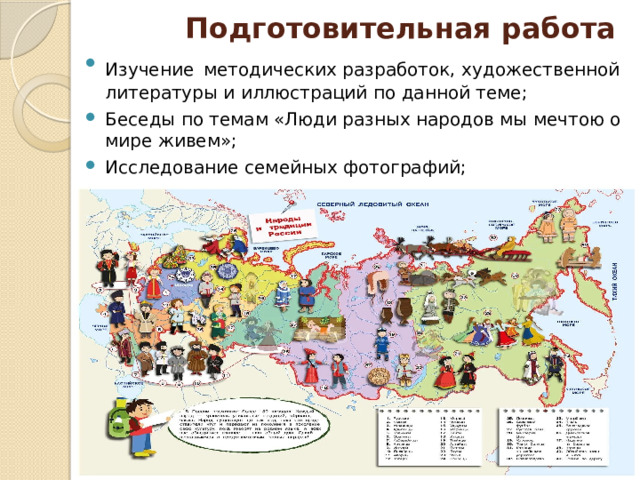 Подготовительная работа Изучение  методических разработок, художественной литературы и иллюстраций по данной теме; Беседы по темам «Люди разных народов мы мечтою о мире живем»; Исследование семейных фотографий; Знакомство с картой России. 