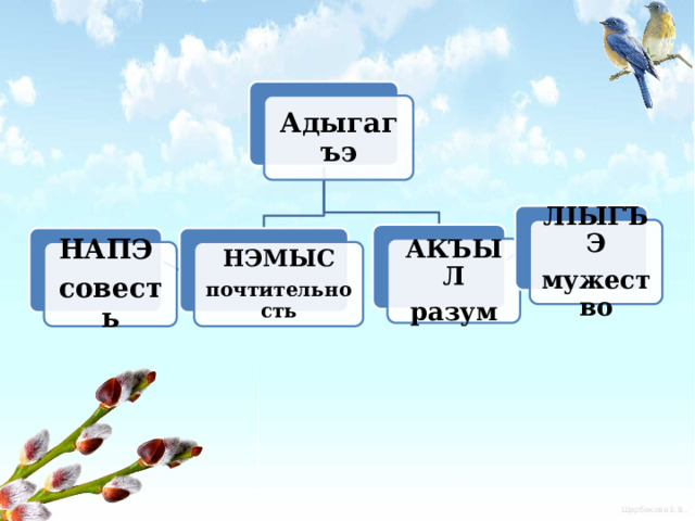 Адыгагъэ ЛIЫГЪЭ мужество АКЪЫЛ разум НЭМЫС НАПЭ почтительность совесть 