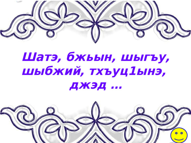 Шатэ, бжьын, шыгъу, шыбжий, тхъуц1ынэ, джэд … 